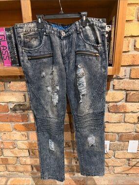 Trillnation Distressed Washed Black Men's Jeans with Zipper Pockets Sz 36/32